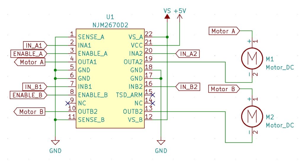KiCADの画面でみる回路図（DCモーターとの接続と信号線）